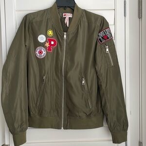 Poof! Army green zip front lined bomber varsity jacket with patches EUC